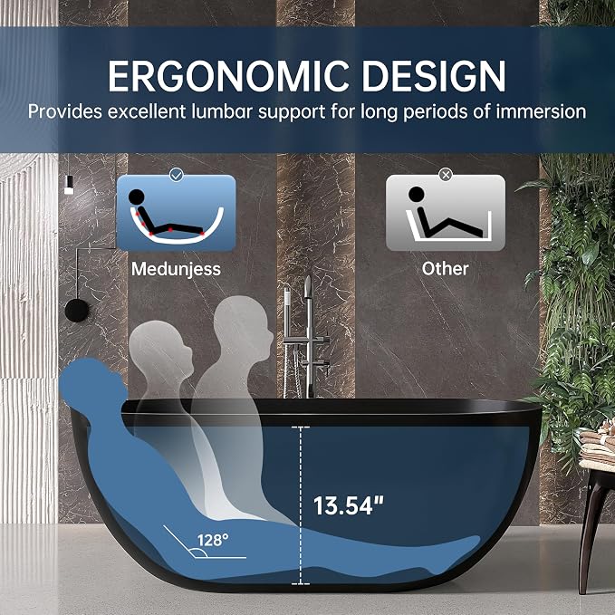 59'' Resin Stone Freestanding Bathtub, Matte Black Soaking Tub Solid Surface - Image 9