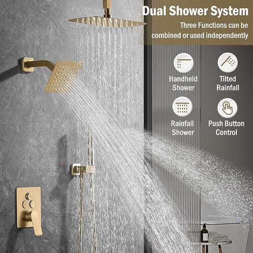 12 Inch Rain Shower System, Brushed Gold Shower Faucet Set - Image 2