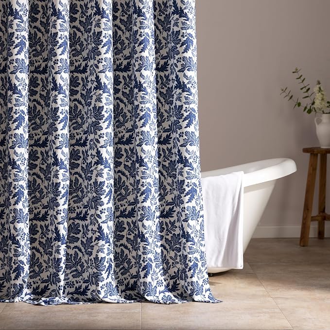 SLEEP ZONE Navy Leaf Shower Curtain Waterproof Curtains by SLEEPZONELIFE