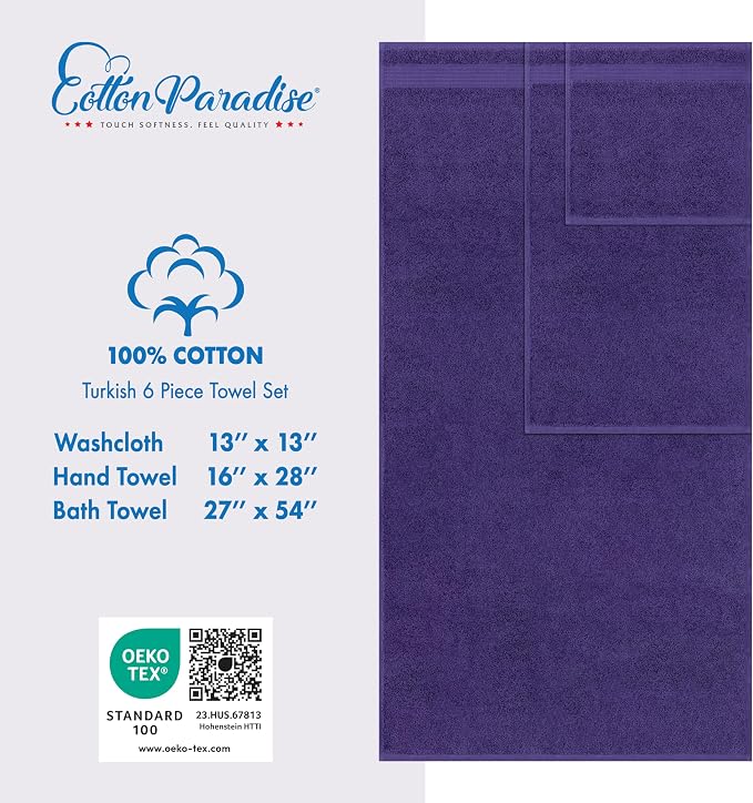 Cotton Paradise 6 Piece Towel Set, 100% Cotton Soft Absorbent Turkish Towels - Image 5