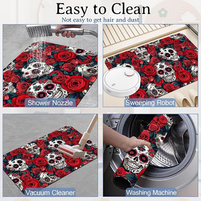 Elightvap Skull Red Rose Bathroom Rugs Mat Non Slip Absorbent Quick Dry Rug - Image 6