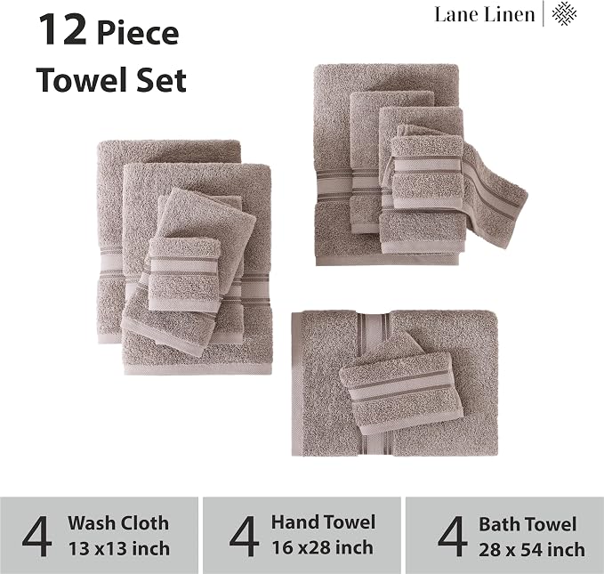LANE LINEN 100% Mercerized Cotton Bath Towel Set of 12 – Zero Twist Shower - Image 3