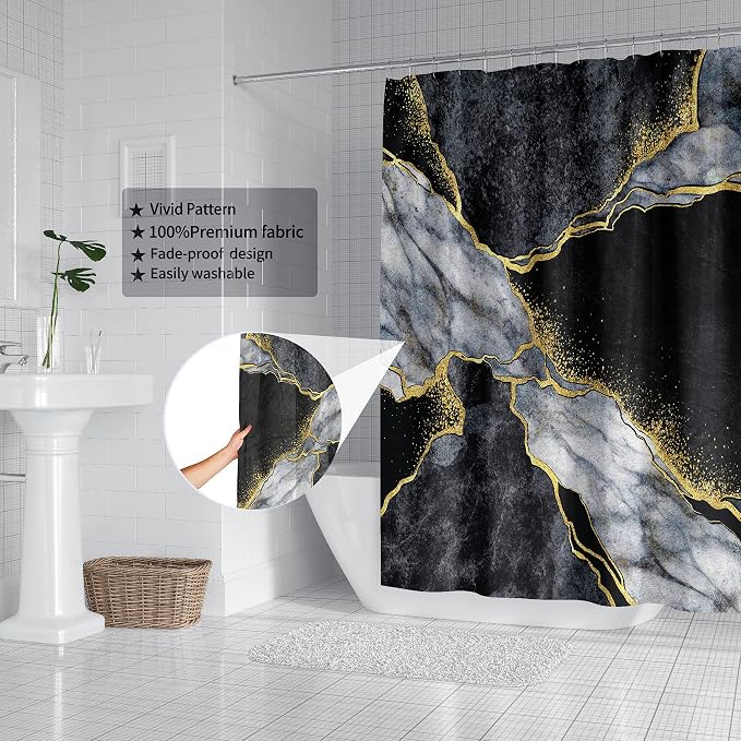 Domoku Black Gold Marble Shower Curtain, Modern Abstract Design, Waterproof - Image 3