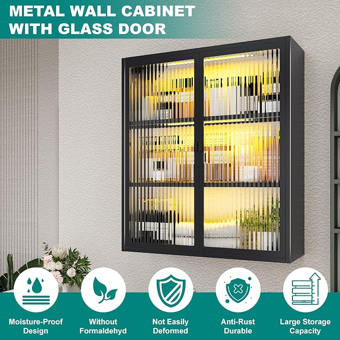 Bathroom Medicine Cabinet with Glass Doors & Sensor LED Lights, Over Toilet - Image 5