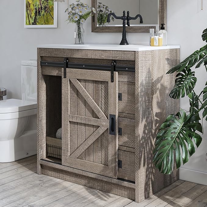 31" Farmhouse Sliding Barn Door Bathroom Vanity - Image 3