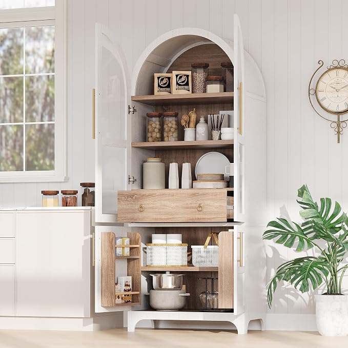 71" Tall Arched Kitchen Pantry, Mid-Century Pantry Cabinet - Image 7
