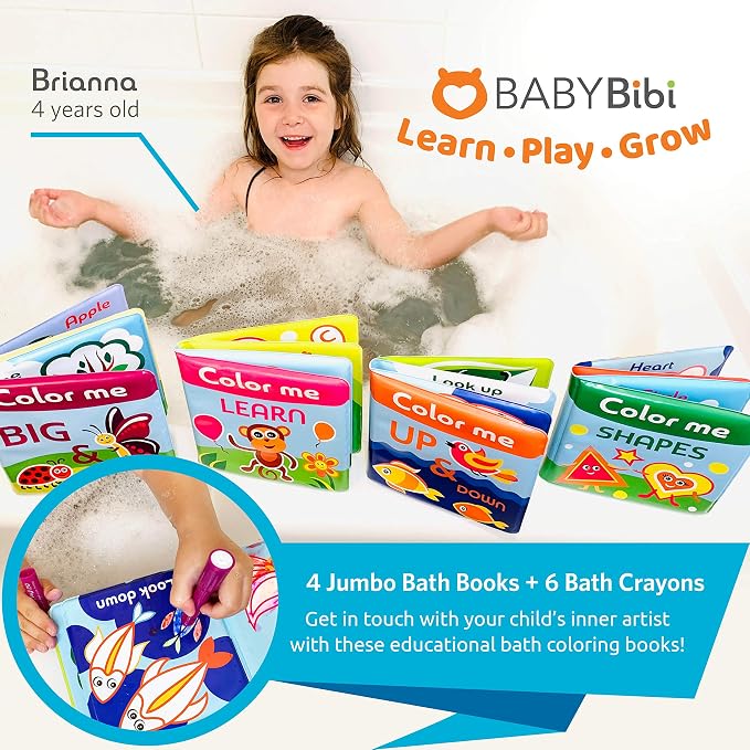 BabyBibi Color Me Bath Books Plus Crayons – Set of 4 Different Books – Includes - Image 4