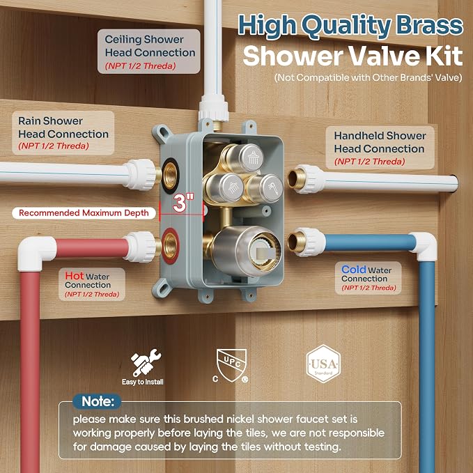 Nickel Shower System, Brushed Nickel Shower Faucet Set, 3 In 1 Push Button - Image 8