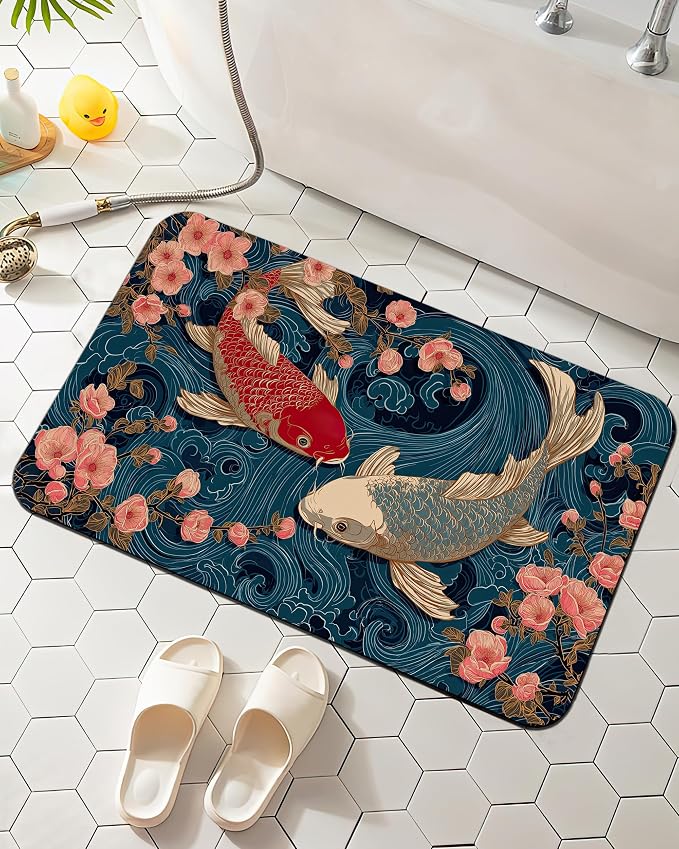 Koi Bath Mat, Japanese Waves Cherry Blossoms Bathroom Rugs, Absorbent Bath Rug by Elightvap