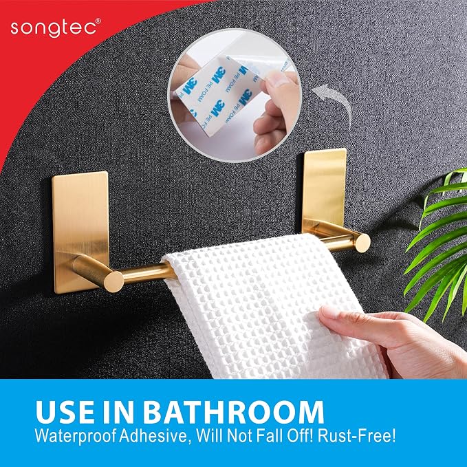 Songtec Gold Towel Bar 9-Inch, Adhesive Bath Towel Rack No Drill, Strong - Image 4