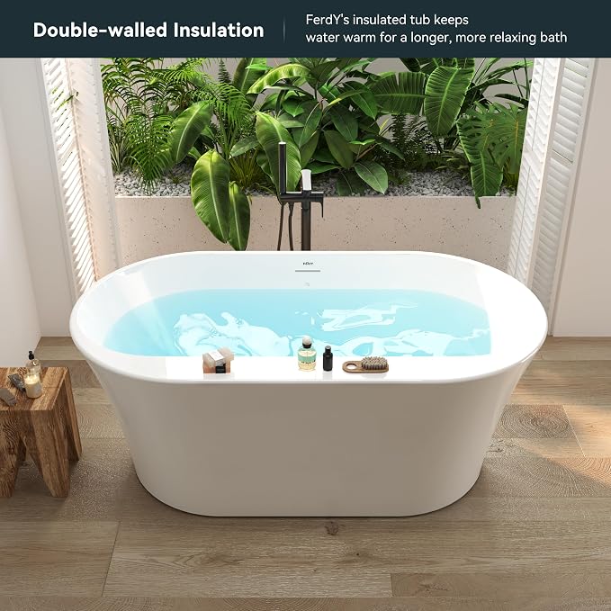 FerdY Mauritius 59" Acrylic Freestanding Tub, Oval Contemporary Soaker Tub - Image 2