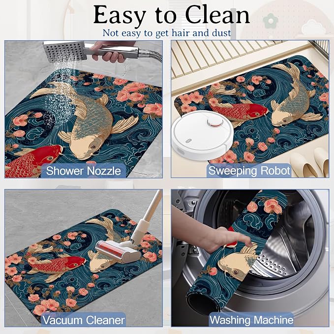 Koi Bath Mat, Japanese Waves Cherry Blossoms Bathroom Rugs, Absorbent Bath Rug - Image 6