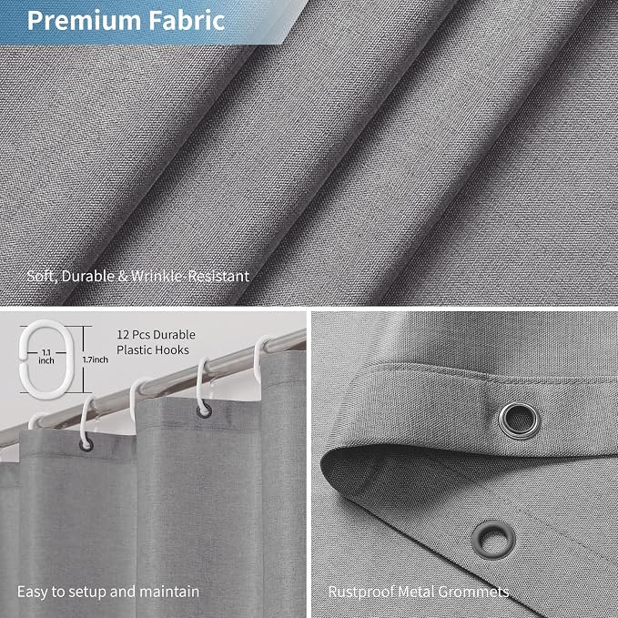 2-in-1 Waterproof Extra Long Fabric Shower Curtain or Liner, Linen Textured - Image 4