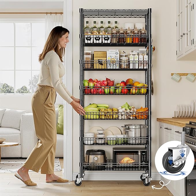 7 Tier Wire Shelving with Wheels 72" H Adjustable Basket Shelf Storage Shelves - Image 4