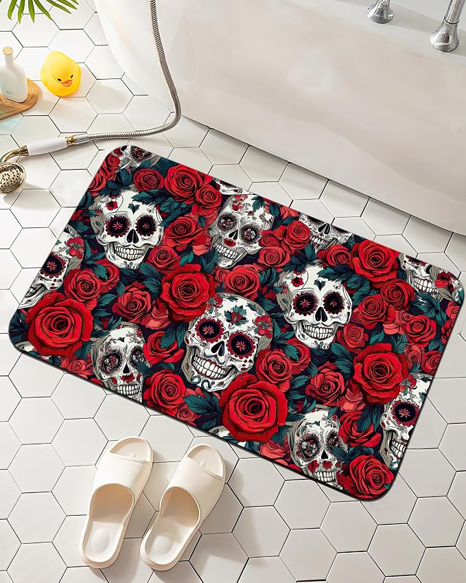 Elightvap Skull Red Rose Bathroom Rugs Mat Non Slip Absorbent Quick Dry Rug by Elightvap