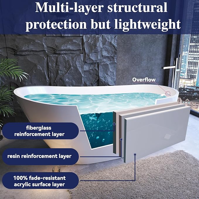 67" Acrylic Free Standing Tub, Stand Alone Tub, Freestanding Bathtub, Soaking - Image 2