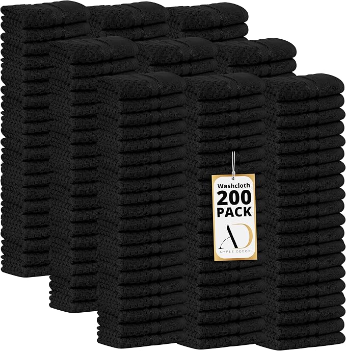 Ample Decor Washcloth Set of 200 Black 100% Cotton by AmpleDecor