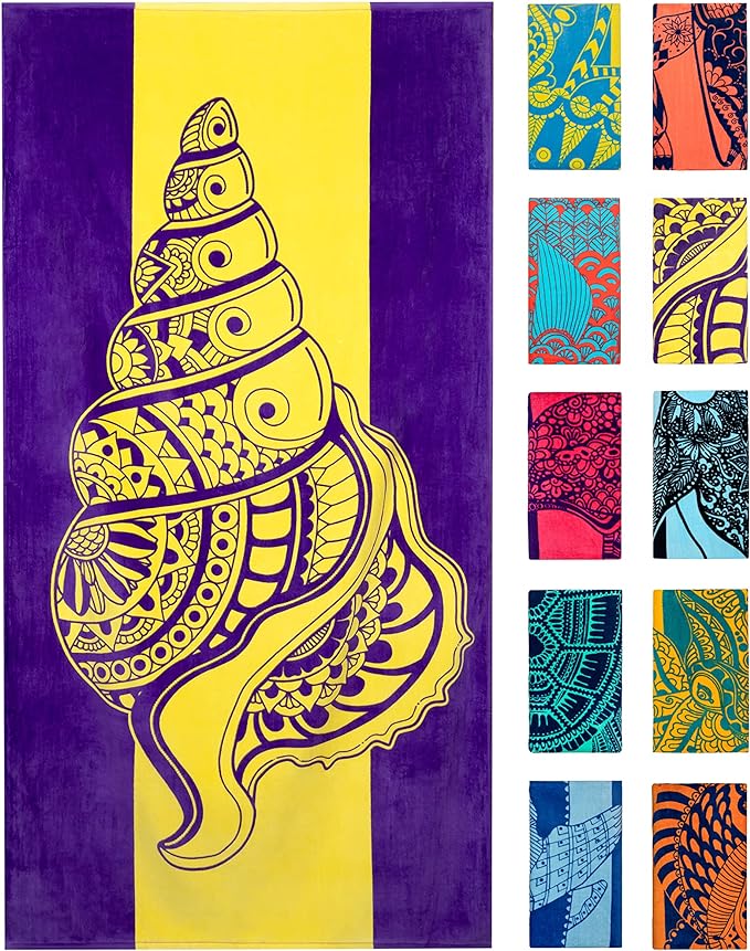 Nova Blue Seashell Beach Towel – Purple & Yellow Travel Beach Towel Made from by NovaBlueBeachAccessories
