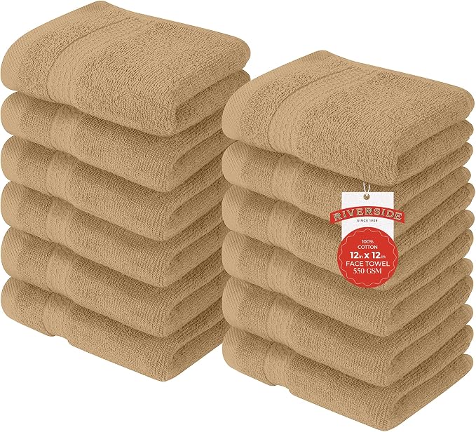 RIVERSIDE 12 Pack Premium 100% Cotton Face Washcloths, 550 GSM, 12 x 12 Inches by RIVERSIDE
