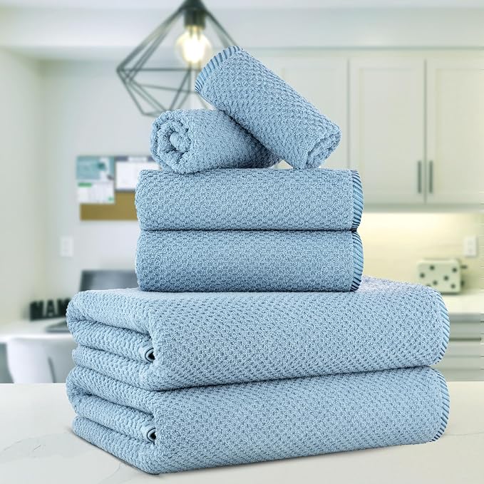 CASA COPENHAGEN Popcorn 6 Pieces Towel Set- Dusty Blue, 600 GSM 2 Bath Towel 2 - Image 2