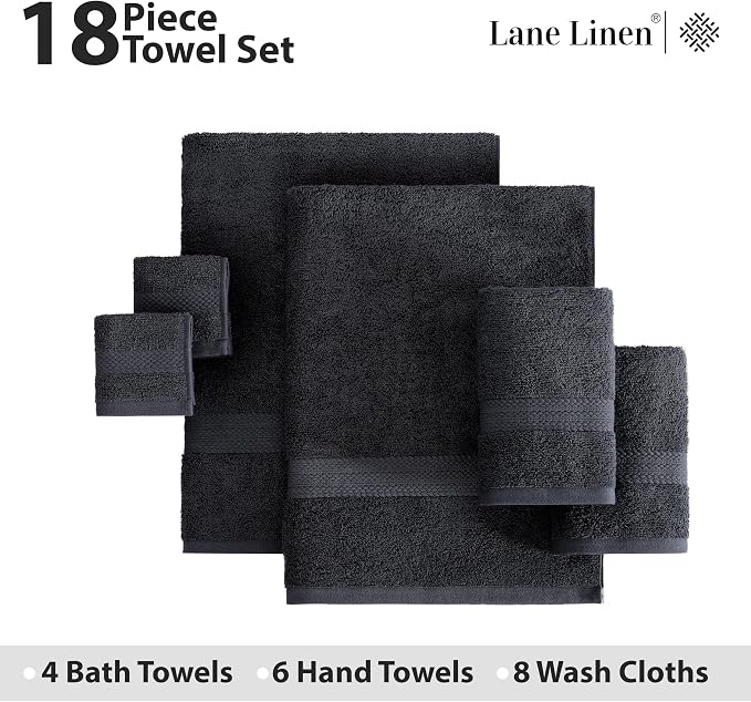 LANE LINEN 100% Ring Spun Cotton Black Bath Towel Set, 8 Washcloths, 4 Shower - Image 4