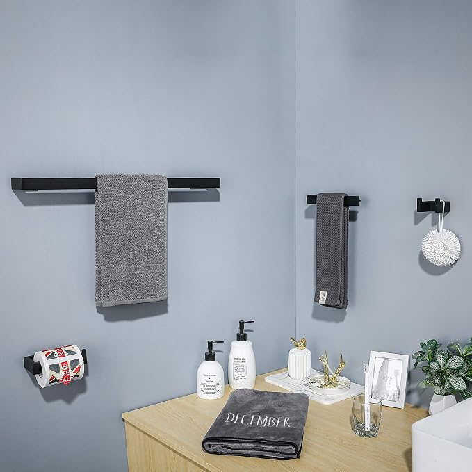 TNOMS 4 Pieces Bathroom Hardware Accessories Set Black Towel Bar Towel Holder - Image 7